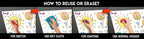 The image has a black background with four pictures demonstrating how to reuse or erase: the first picture depicts sketching on the vegetable sheet, the second shows using a wet cloth to remove sketches, the third image displays crayons colouring on the vegetable sheet, and the fourth image illustrates erasing crayons with a regular eraser.