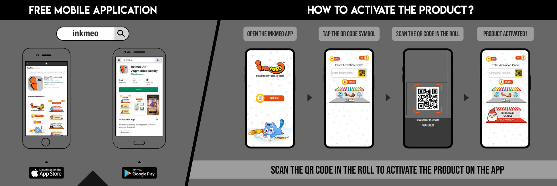 The image features a black background split into two sections. The first showcases a free mobile app to download Inkmeo from the App Store and Google Store. The second displays four phones with the text "To access the Inkmeo app, tap the QR code icon, scan the QR code on the package, and activate the product."