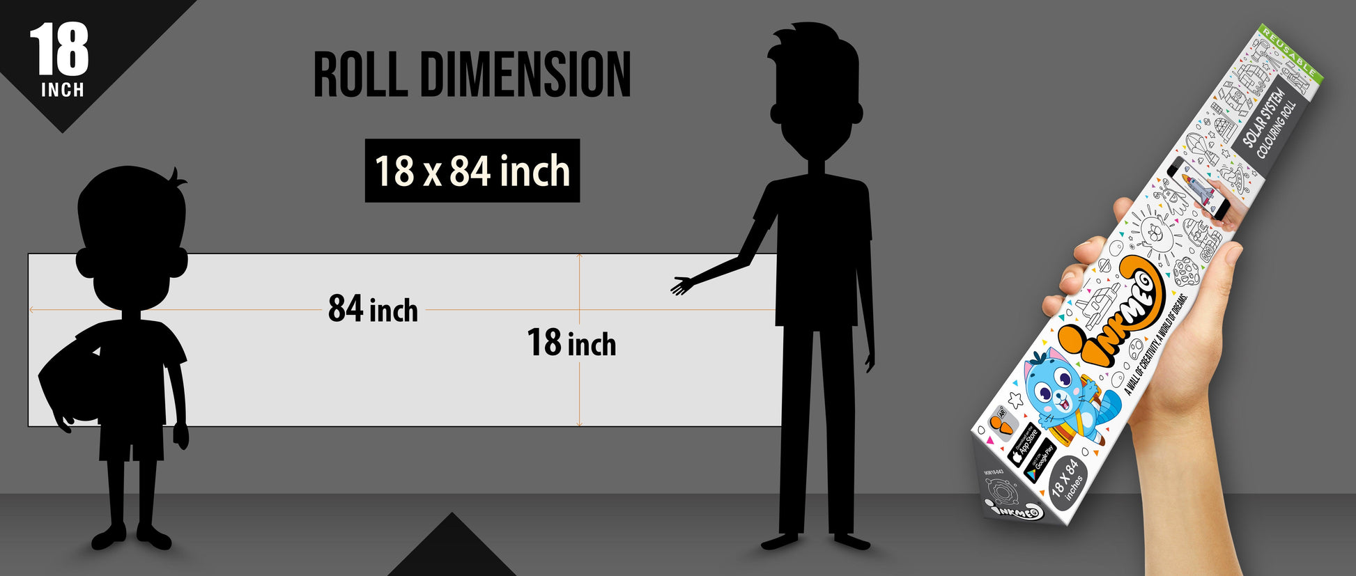 The image shows a black background with a ruler indicating child and adult height on an 18*84 inch paper roll dimension.
