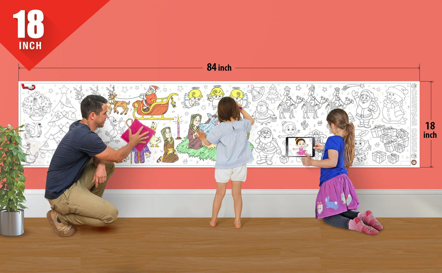 The image depicts a father and his two daughters enjoying a bonding moment while colouring christmas carols roll attached to the wall.