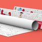The image shows a red background with two triangular boxes, one of which has paper rolled out.