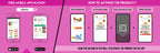 The image features a pink background split into two sections. The first showcases a free mobile app to download Inkmeo from the App Store and Google Store. The second displays four phones with the text "To access the Inkmeo app, tap the QR code icon, scan the QR code on the package, and activate the product."
