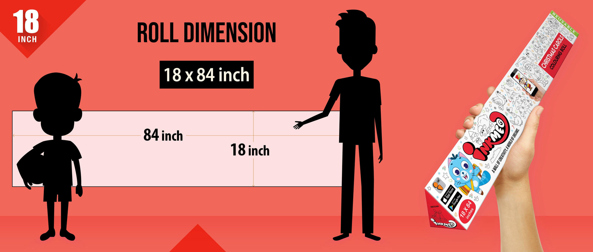 The image shows a red background with a ruler indicating child and adult height on an 18*84 inch paper roll dimension.