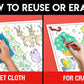 The image has a red background with four pictures demonstrating how to reuse or erase: the first picture depicts sketching on the sheet, the second shows using a wet cloth to remove sketches, the third image displays crayons coloring on the sheet, and the fourth image illustrates erasing crayons with a regular eraser.
