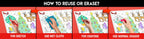 The image has a red background with four pictures demonstrating how to reuse or erase: the first picture depicts sketching on the sheet, the second shows using a wet cloth to remove sketches, the third image displays crayons coloring on the sheet, and the fourth image illustrates erasing crayons with a regular eraser.