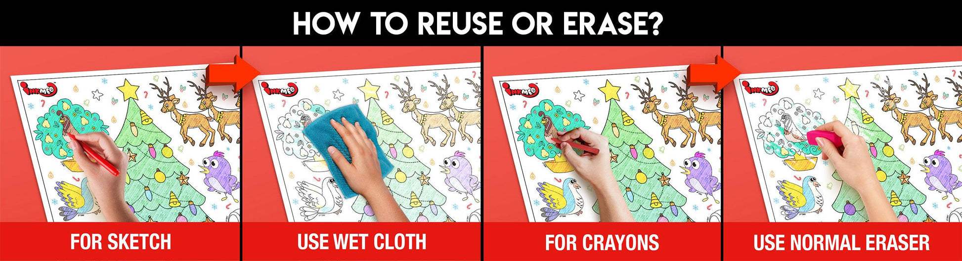 The image has a red background with four pictures demonstrating how to reuse or erase: the first picture depicts sketching on the sheet, the second shows using a wet cloth to remove sketches, the third image displays crayons coloring on the sheet, and the fourth image illustrates erasing crayons with a regular eraser.