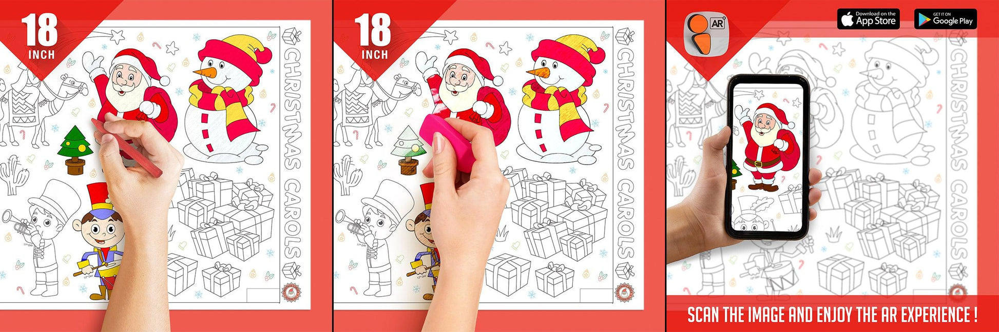 The image displays three pictures: the first one shows a hand colouring Christmas carols roll, the second one depicts the color being erased from the board, and the third one features a hand holding a mobile phone in front of the Christmas carols picture