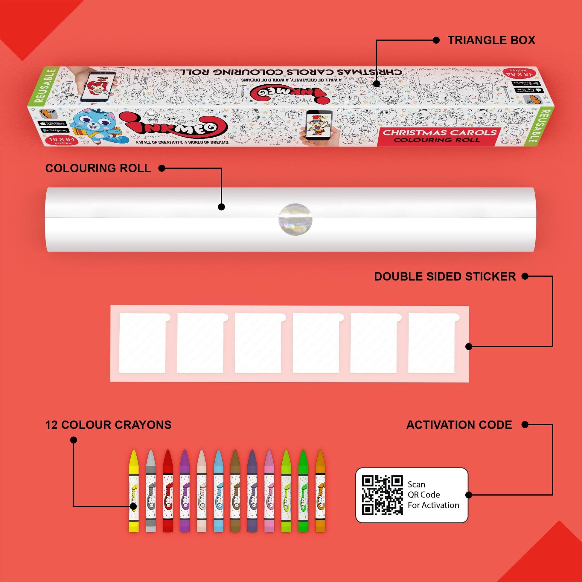 The image illustrates a red background with Triangle box, colouring roll, 6 double tape, 12 colour crayons and activation code