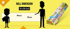 The image shows a yellow background with a ruler indicating child and adult height on an 18*84 inch paper roll dimension.