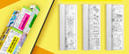 The image depicts a yellow background divided into two parts. The first part features a large yellow box with three triangular boxes partially pulled out from it, while the second part shows three rolls partially unrolled with pictures in them.