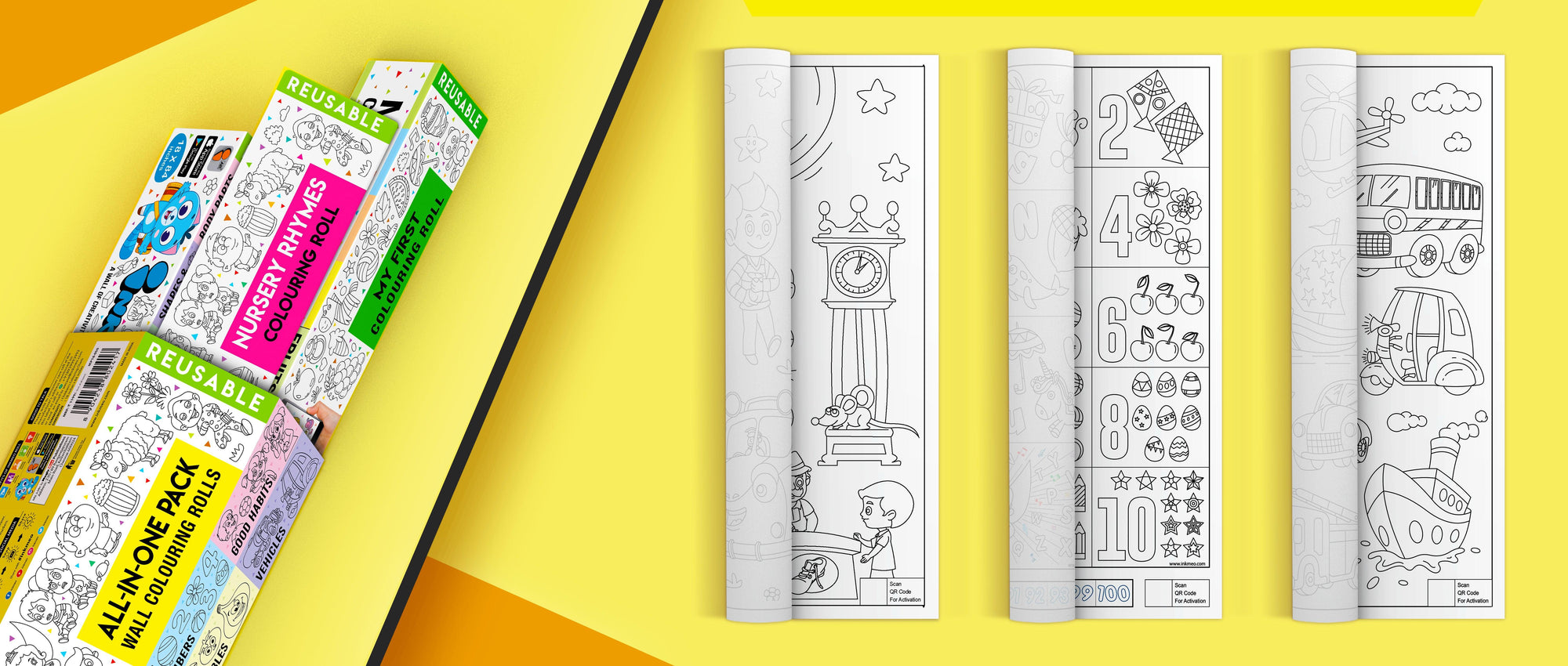 The image depicts a yellow background divided into two parts. The first part features a large yellow box with three triangular boxes partially pulled out from it, while the second part shows three rolls partially unrolled with pictures in them.