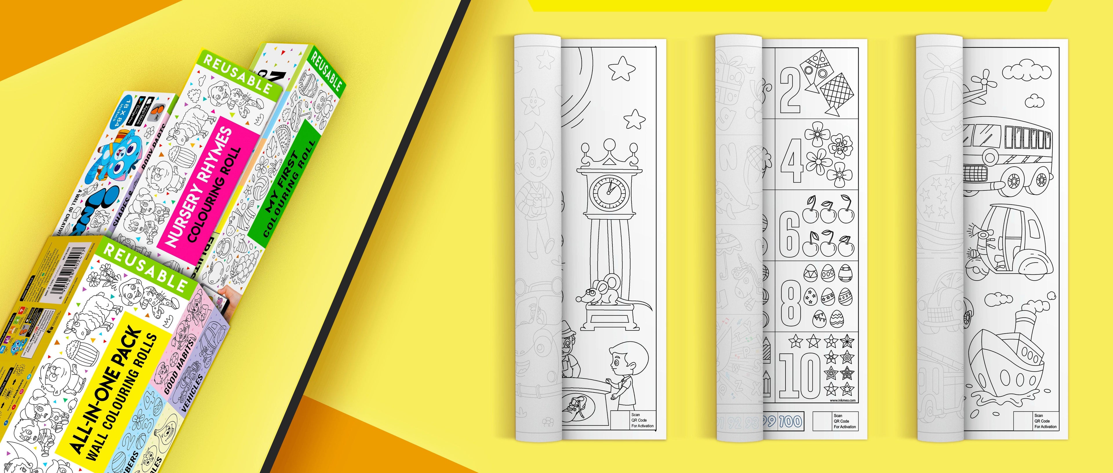The image depicts a yellow background divided into two parts. The first part features a large yellow box with three triangular boxes partially pulled out from it, while the second part shows three rolls partially unrolled with pictures in them.