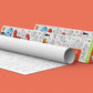 The image shows a red background with two triangular boxes, one of which has paper rolled out.