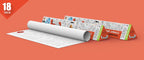 The image shows a red background with two triangular boxes, one of which has paper rolled out.