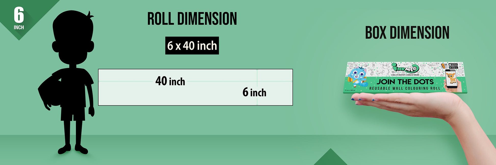 The image depicts an green background with a ruler showing a child's height next to a 6*40 inches paper roll attached to the wall, alongside a picture of a box dimension.